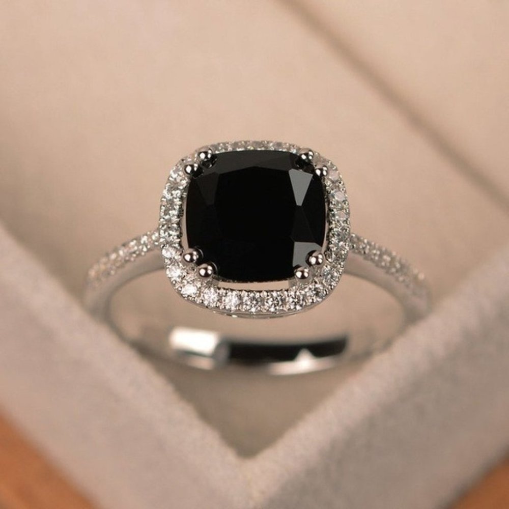 Black Onyx Halo Silver Plated Ring